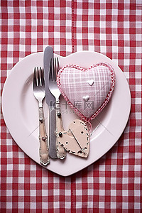 红色盘子背景图片_心形盘子和餐叉放在红色格子桌布上