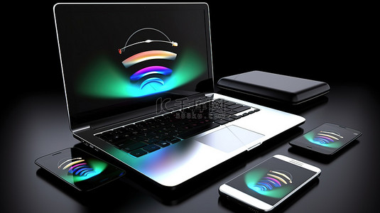 无线wifi背景图片_无线技术要素 3d 笔记本电脑智能手机和 wifi 符号