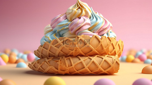冰激凌夏季背景图片_夏季图形背景与华夫饼锥冰淇淋的 3D 渲染