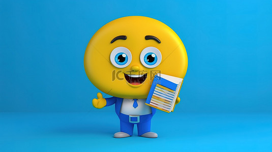 卡通数据报告背景图片_3D 渲染的蓝皮书吉祥物在充满活力的黄色背景上呈现商业信息图形饼图