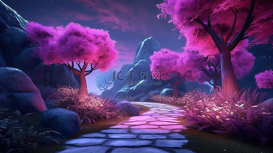 迷人的森林风景，郁郁葱葱的树木灌木和紫色的光芒，3D 艺术品中的石头和植物路径