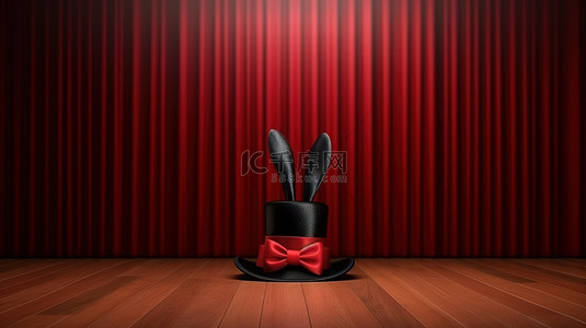 小黑礼帽背景图片_高顶礼帽魔术棒和兔子耳朵魔术师的必备工具包