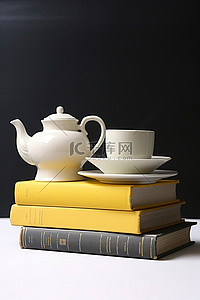 书本上背景图片_坐在书本上的白色茶壶