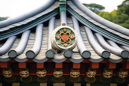 建筑传统背景图片_韩国传统建筑的屋顶上有两块花形瓦片