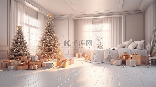 退休爱党背景图片_节日家居装饰圣诞树和礼物的 3D 渲染，圣诞快乐，新年快乐