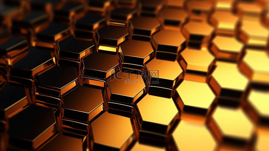 全球网络背景图片_现代数字设计 3D 渲染中的未来派金色六边形抽象壁纸
