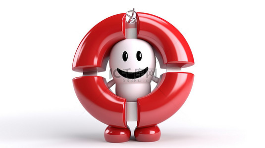 白色背景 3D 渲染角色吉祥物，戴着红色金属盾，用救生圈进行保护