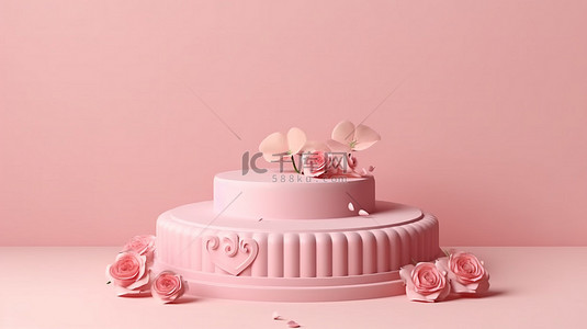 高级情人节喜悦玫瑰讲台反对柔和的粉红色背景 3d 渲染