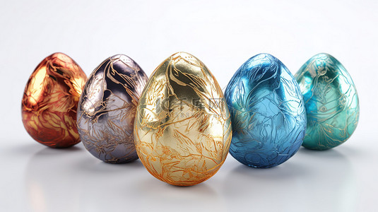 食品饮料工厂线背景图片_孤立的复活节主题 3D 渲染多色箔包裹装饰鸡蛋