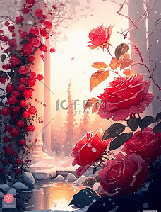 山水水彩背景图片_卡通浪漫梦幻罗马柱玫瑰花园油画水彩画背景