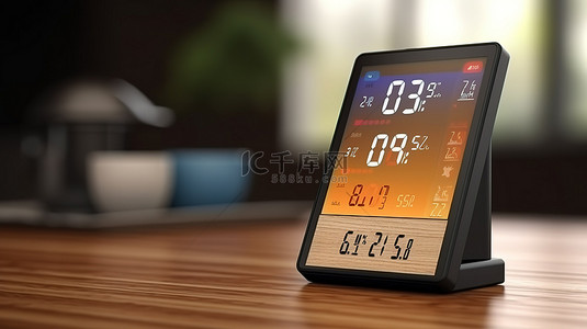 时尚的无线家庭气象站，在木桌 3D 概念上展示移动屏幕上的实时天气更新