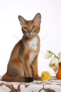 斑点猫背景图片_混血猫坐在白色的桌子上，额头上有一个橙色的斑点