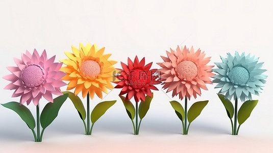 卡通风格 3d 渲染的一组花，用于演示装饰或在白色背景上隔离的角卡