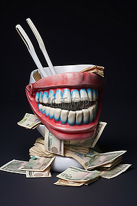 牙齿和刷子的塑料模型，上面有钱