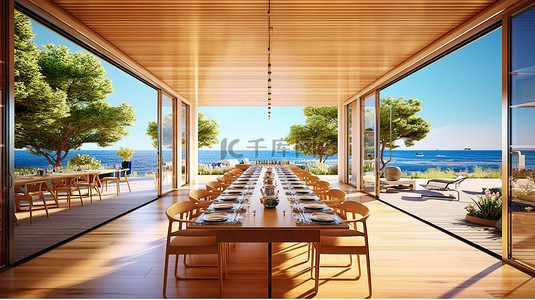 现代豪华住宅中的壮观餐厅，享有风景优美的海景和花园景观 3D 渲染