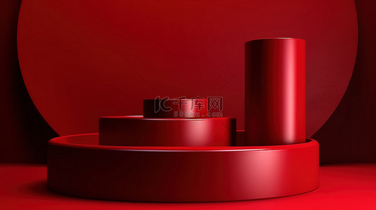 红色产品促销背景图片_充满活力的 3D 插图，展示了令人惊叹的讲台展示，在大胆的红色背景上进行产品促销