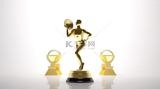 卡通跑步机跑步背景图片_三维个人在数字创建的原始白色背景上冲向宏伟的金色奖杯