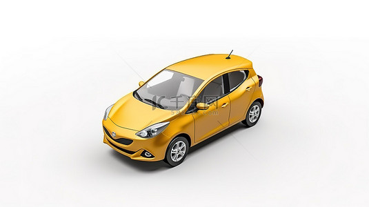 黄色掀背车的 3D 插图完美的紧凑型城市高级汽车在白色孤立的背景下