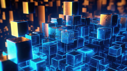 立体派未来背景在 3D 渲染中说明区块链技术和大数据