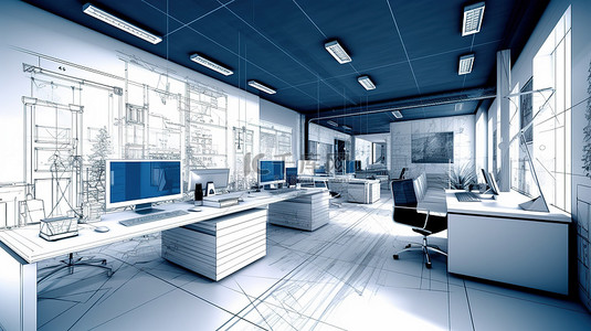 协作办公空间的当代手绘蓝图和工作场所概念的 3D 渲染