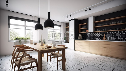 漂亮的家居背景图片_斯堪的纳维亚厨房和餐厅的 3D 渲染中漂亮的瓷砖装饰