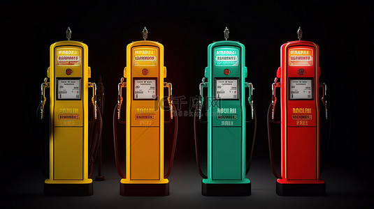 四个色彩鲜艳的气泵以 3D 形式呈现，带有空白标签