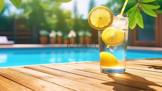 3D 渲染中木质池畔桌上的夏季茶点柠檬水