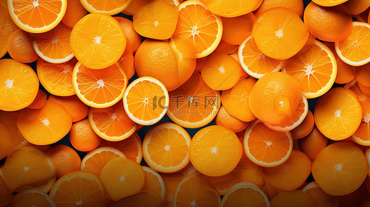 3D 渲染中纹理橙色表面上充满活力的柑橘平铺葡萄柚片