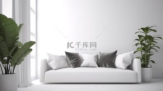 家居枕头背景图片_带有植物和 3D 渲染沙发枕头的白色房间的高架视图