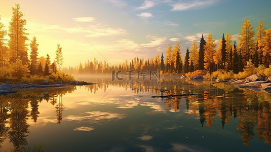 湖面上宁静的日出的辉煌 3D 渲染，反射着郁郁葱葱的绿草和充满活力的黄色树木