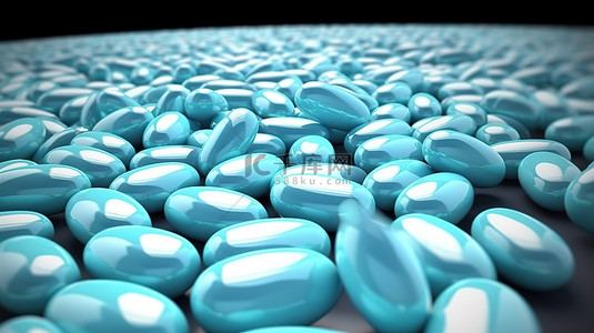 大量光滑的 3D 药丸在浅蓝色背景上缩放