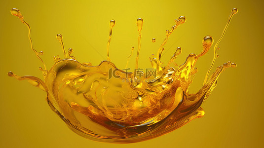 充满活力的黄色飞溅设计的 3D 渲染，非常适合植物油茶发动机和液体血清