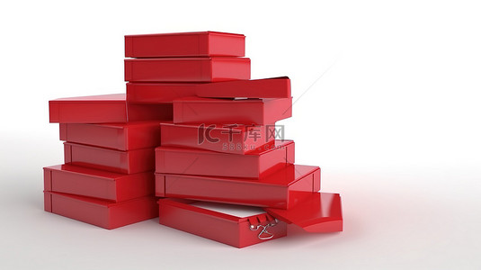 干净的白色背景 3D 渲染上充满空白纸板披萨盒的红色邮箱
