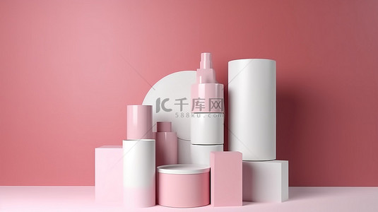 白色促销背景图片_极简主义设计陈列柜，以白色和粉红色抽象圆柱平台为特色，用于产品促销和化妆品店销售 3d 渲染插图