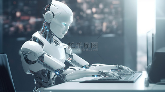 键盘打字的手背景图片_办公室环境中现代机器人女员工的 3D 渲染