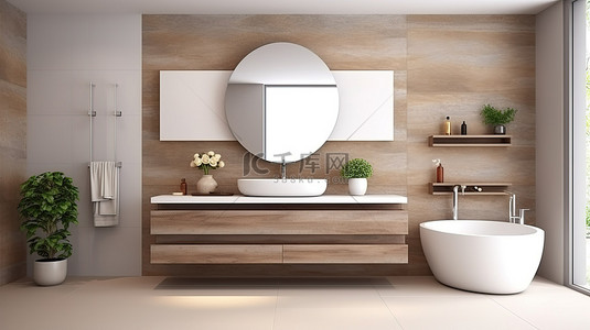 现代浴室配有木制家具浴缸水槽和镜面饰面 3D 渲染设计