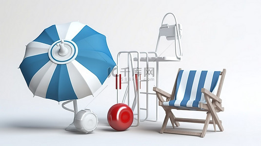 蓝色休息背景图片_白色和蓝色躺椅沙滩伞救生圈和沙滩球 3d 在白色背景上渲染