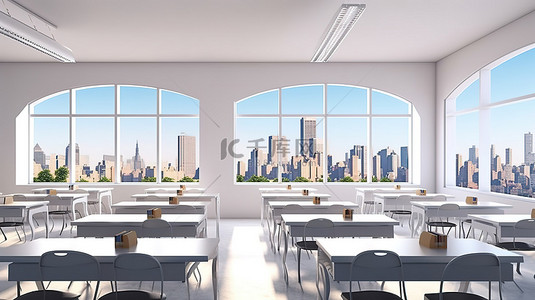 毕业演讲背景图片_现代学习空间，配有宽敞的全景窗户时尚的白色书桌和发光的内饰 3D 渲染