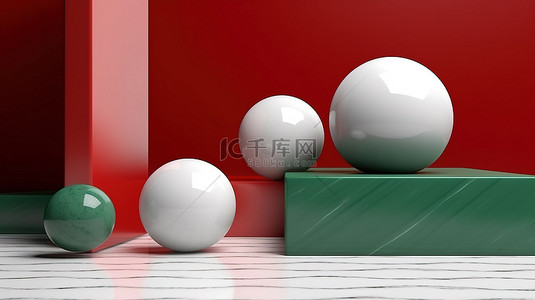 红色几何形状背景图片_带有红色场景的白色大理石上绿色几何形状的抽象 3D 渲染