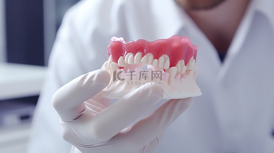 一名穿着实验服的医学生检查 3D 打印假牙的特写