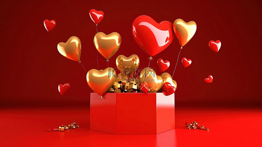 心框背景图片_情人节金色 3D 气球字体，红色背景上有光泽的心从盒子里溢出