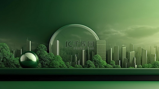 绿色城市景观模型，空绿色空间设计的 3D 渲染插图