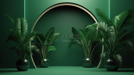 现实场景背景图片_具有三个拱门和绿色植物叶子的热带植物平台 3d 渲染