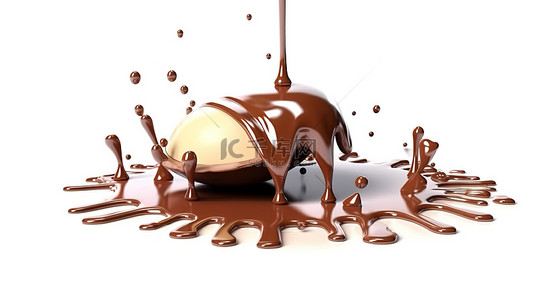 白色线描动物背景图片_3D 渲染的巧克力架，在白色背景上隔离飞溅，提供美味的食物概念