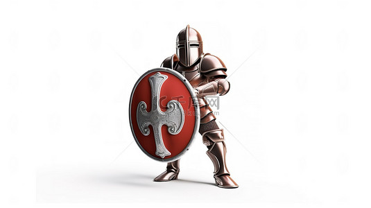 剑插盾牌背景图片_白色背景上带剑和盾牌的孤立骑士的 3d 插图
