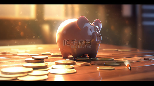 存钱罐硬币 3D 渲染中的商业和金融概念