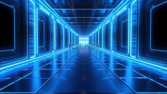 电力mb背景图片_未来派 3D 渲染一个空房间，有无尽的走道和蓝色霓虹灯背景，技术与抽象理念的完美融合