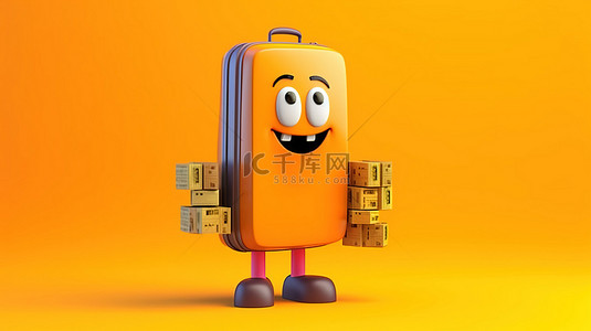 手提箱卡通背景图片_黄色背景，带有 3D 渲染的人物吉祥物和一个堆满百元大钞的橙色手提箱