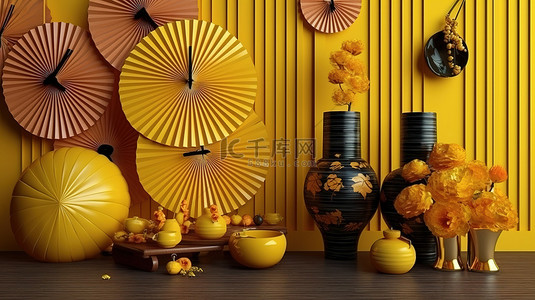 充满活力的 3D 渲染中国新年主题，以黄色灯笼和风扇为特色