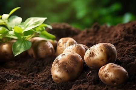 食物蔬菜背景图片_土壤上的烂土豆，有叶子和蔬菜